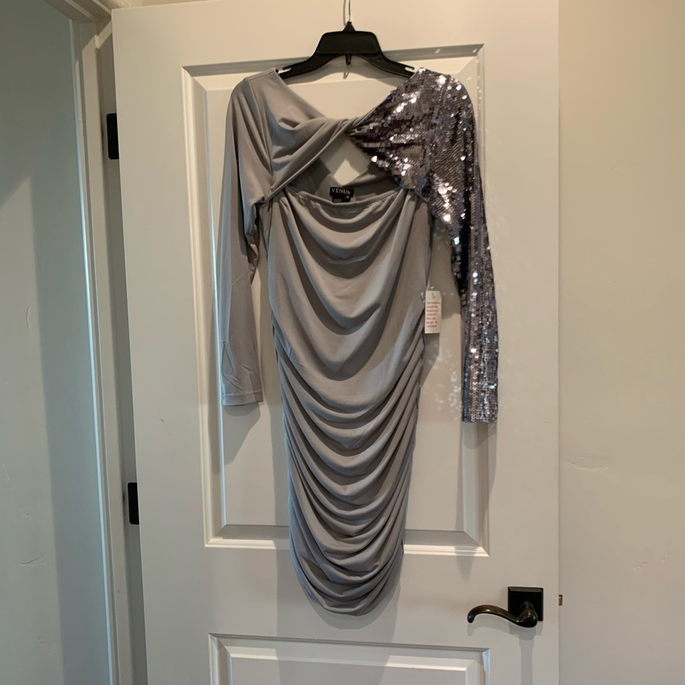 VENUS Silver Sequin One-Shoulder Dress